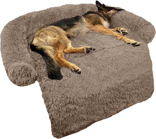 Calming Dog Bed Fluffy Plush Dog Mat for Furniture Protector with Removable Washable Cover for Large Medium Small Dogs and Cats (Large(45x37x6), Camel)