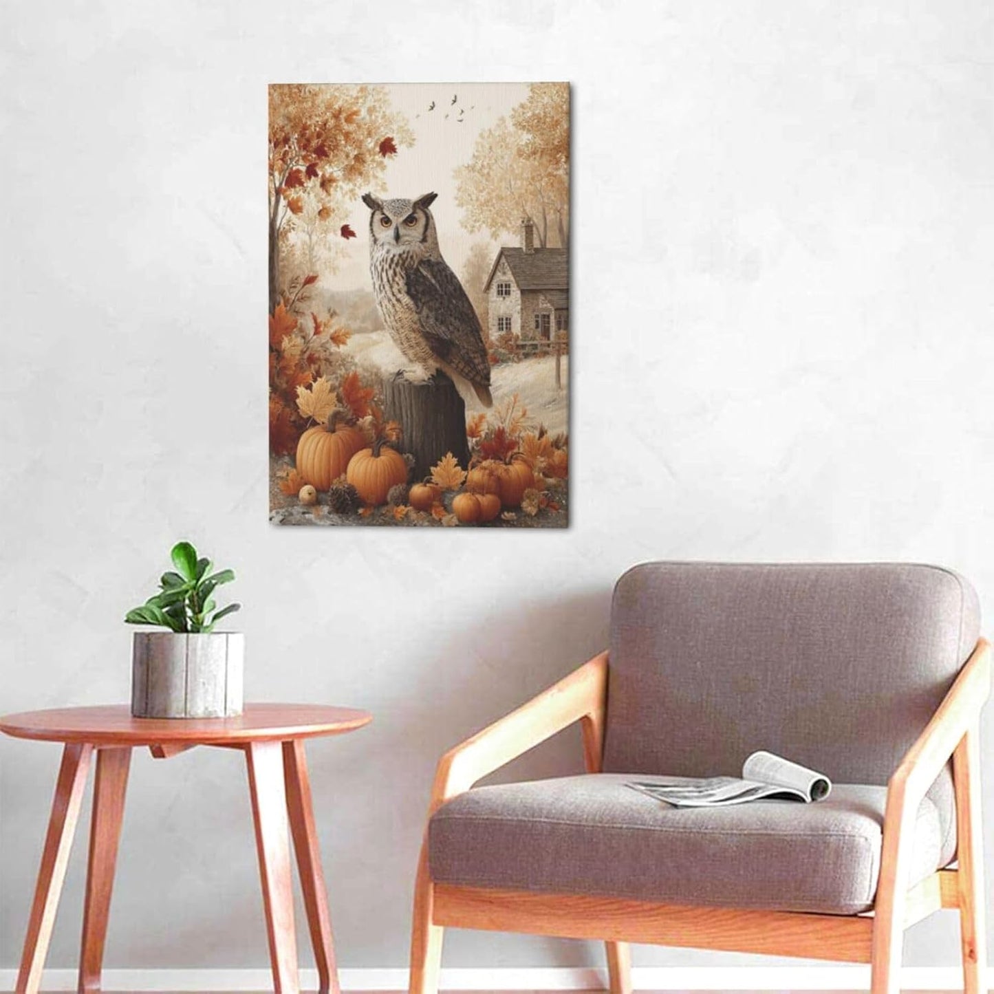 Fall Owl Wall Art Autumn Pumpkin Leaves Wall Decor Rustic Canvas Print Farmhouse Pictures Painting Print Framed Artwork Decorations Gifts for Living Room Bathroom Bedroom Office 16"x24"