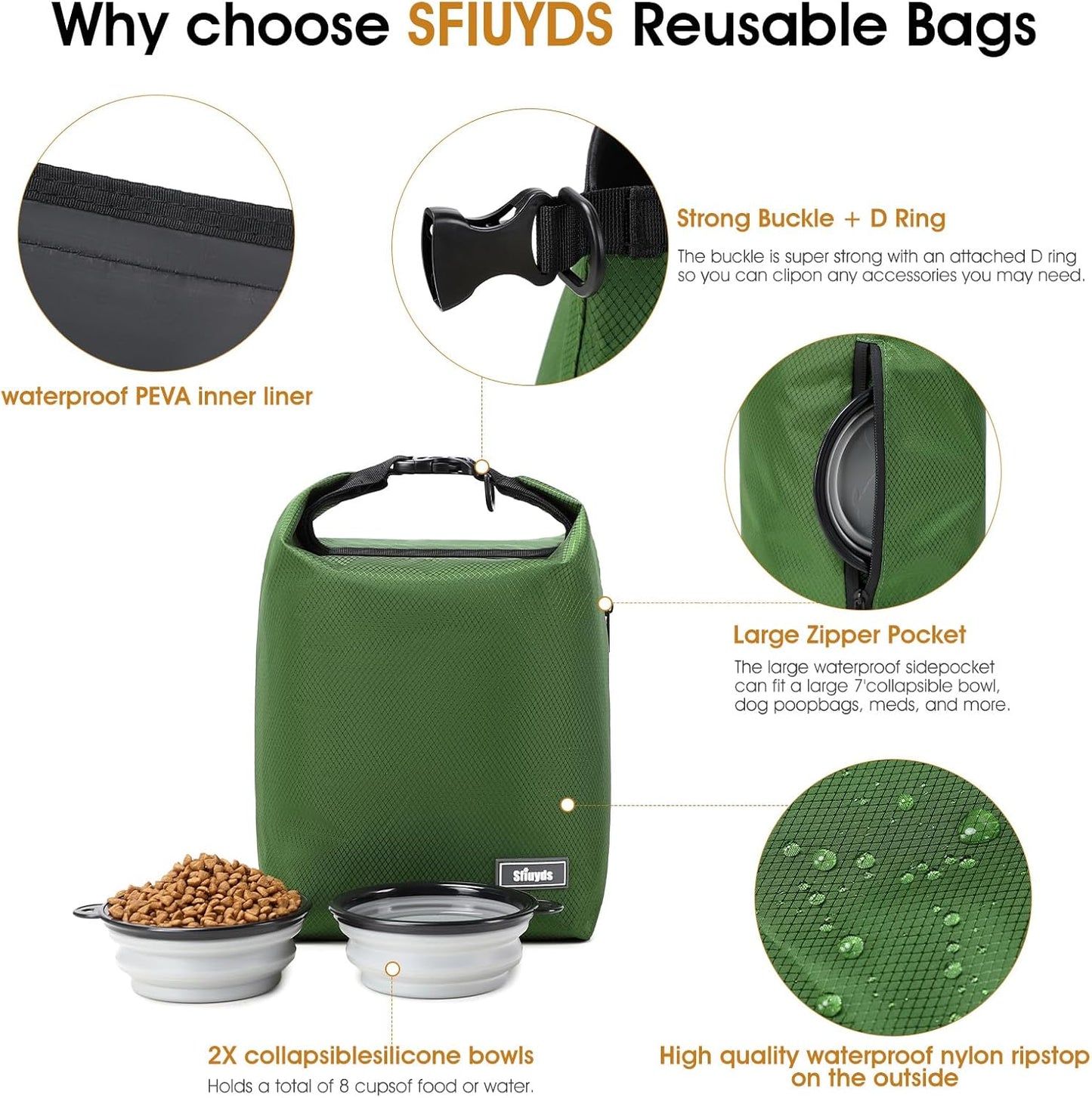 Dog Food Travel Bag,Pet Food Container 20 lb w/2PCS Collapsible Dog Travel Bowls and Zipper Side Pocket(Green, Large)