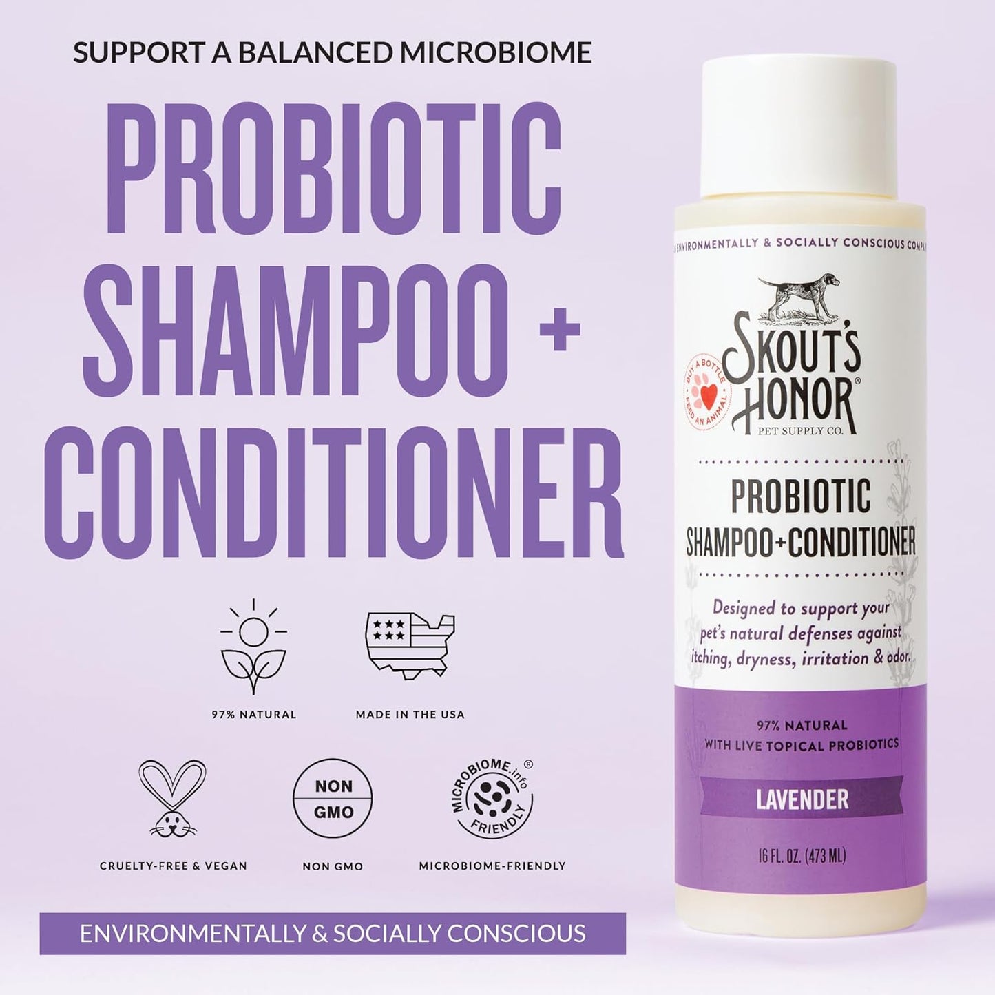 Skout's Honor Probiotic Dog Shampoo & Conditioner with Avocado Oil & Omega-3s, 97% Natural, Paraben & Sulfate-Free, Cruelty-Free, 16oz, Lavender, 2-Pack