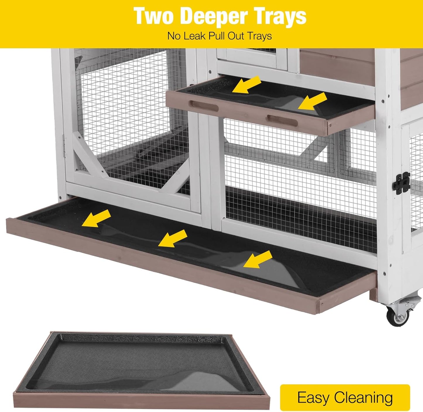 Aivituvin Rabbit Cage Indoor Outdoor Bunny Hutch on Wheels, 2 Story Wood Guinea Pig Cages with 2 Deeper Pull Out Trays