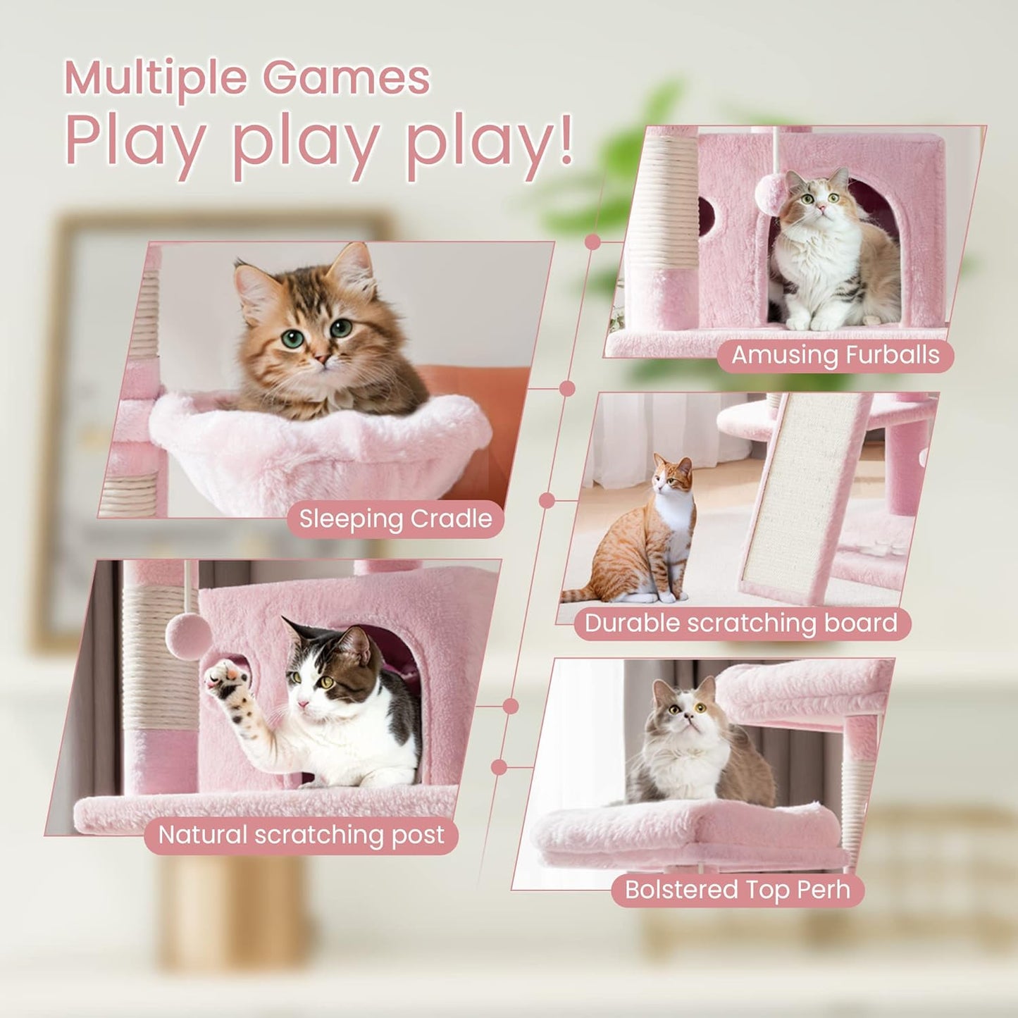 SHA CERLIN 68 Inches Multi-Level Large Cat Tree for Large Kitties/Big Cat Tower with Condo/Cozy Plush ‌Pussycat Perches/Sisal Scratching Posts and Hammocks/Activity Center/Pink