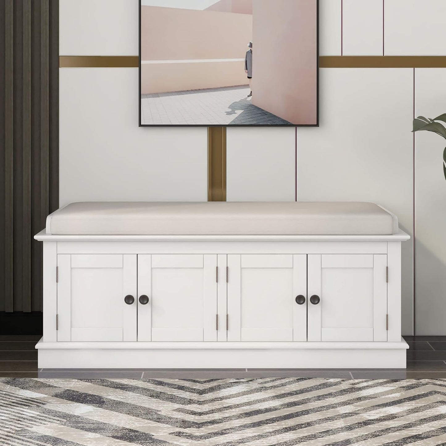 Storage Bench with 4 Doors and Adjustable Shelves, Shoe Bench with Removable Cushion for Living Room, Entryway 42.7" L x 16" W x 17.4" H (White)