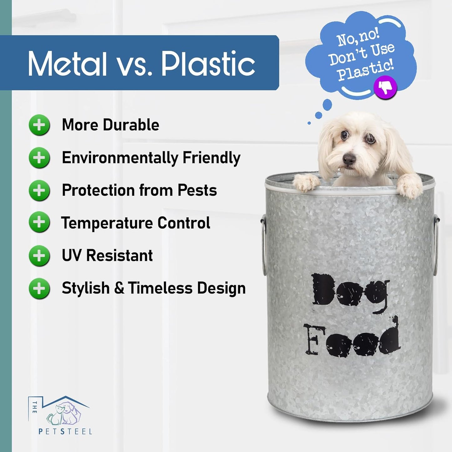 Medium 40lb Dog & 30lb Cat Pet Food Storage Canister with Scoop Combination – Durable & Airtight for Freshnesss, Minimalist Design & Recyclable, Medium Metal Container