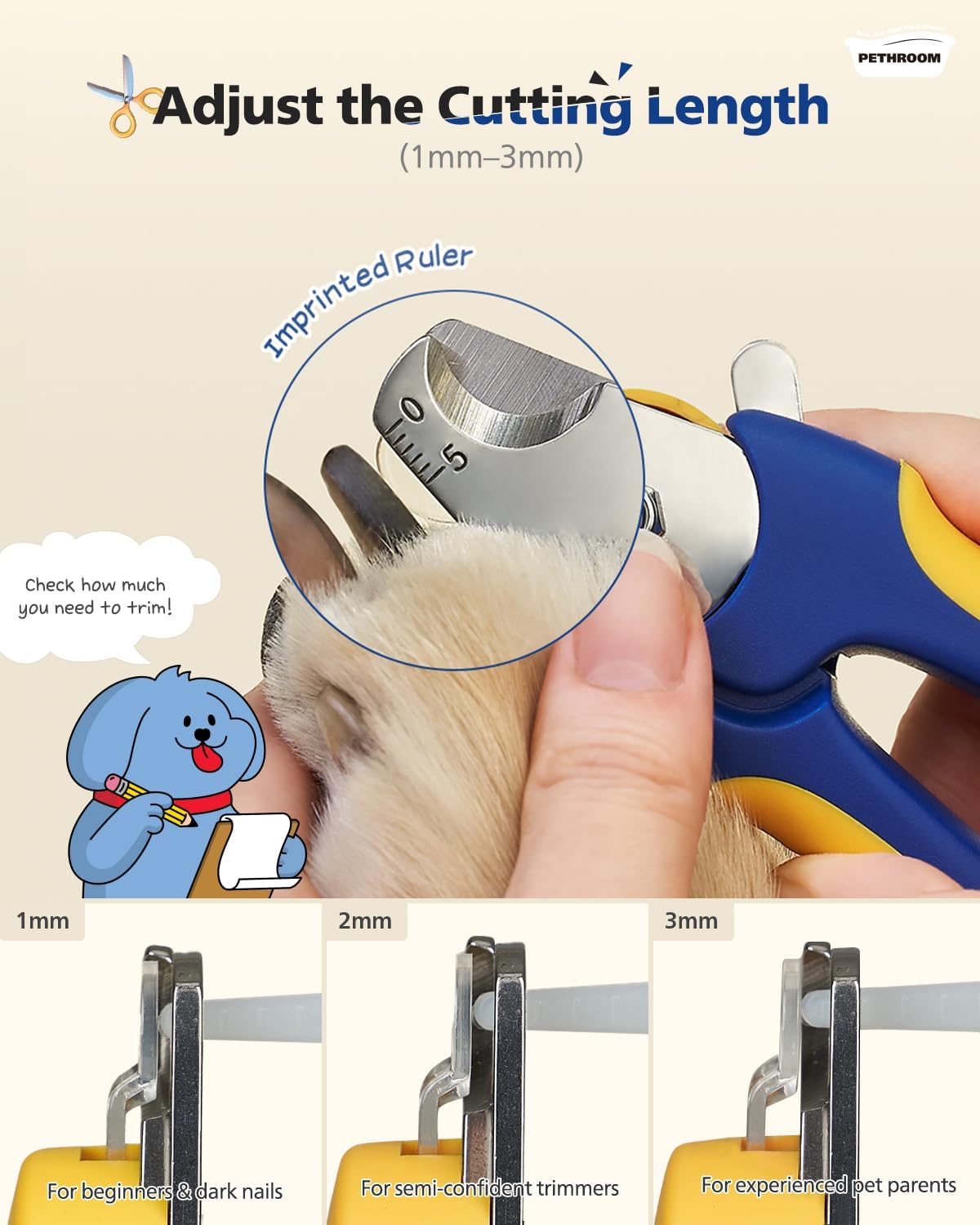 PETHROOM] Professional Dog Nail Clipper with Transparent Guard & Nail File | Adjustable Cutting Length (1-3mm) Sturdy, Durable Stainless Steel Blade | Nail Trimmer for Pets Avoid Overcutting