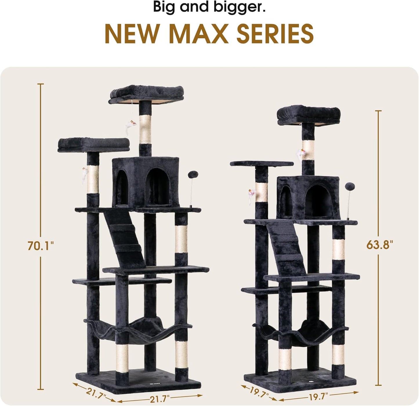 MWPO 70.1-Inch Large Cat Tree, Multi-Level Tall Cat Tower for Indoor Cats, Plush Cat Condo with Big Padded Perches, Sisal-Covered Scratching Posts, Hammock, Toys for Kittens & Cats - Smoky Grey