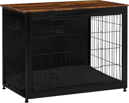 DWANTON Dog Crate Furniture with Cushion, Wooden Kennel Table with Double Doors, Indoor Dog House, Large Size, 38.5" L, Black+Rustic Brown