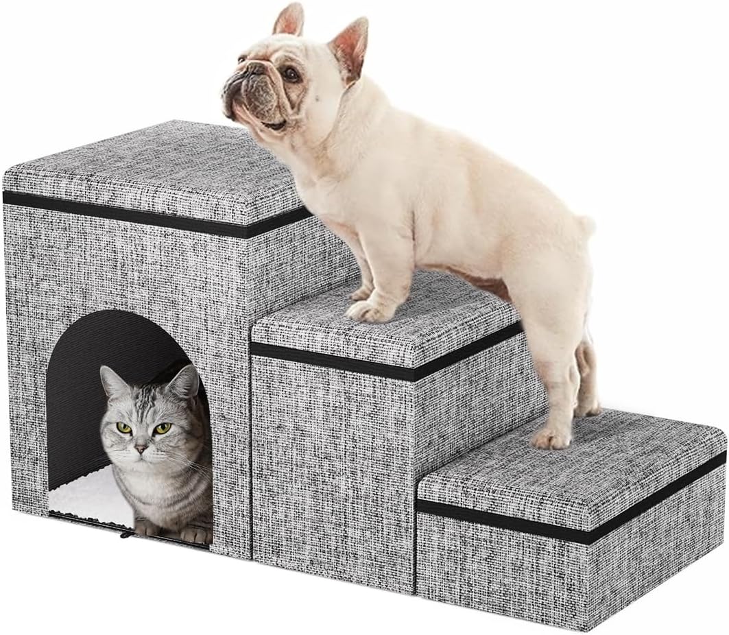 Dog Stairs with Storage, 3-Step Wider Dog Steps with Condo for Dogs and Cats, Pet Stairs for High Bed Climbing, Grey