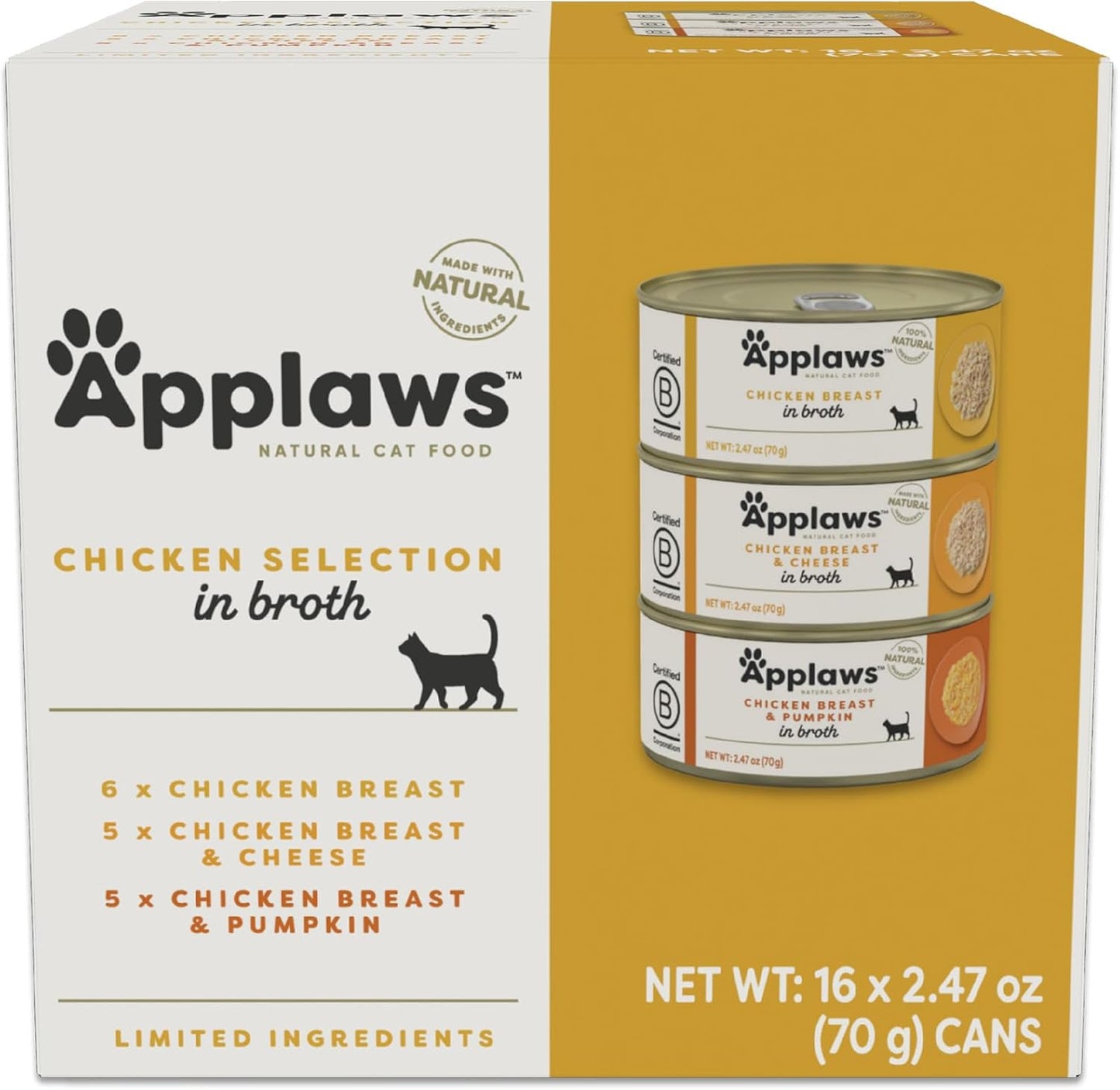 Applaws Natural Wet Canned Cat Food, Made with Limited and Natural Ingredients, Protein with No Artificial Additives, Chicken Selection Variety Pack in Broth (16 x 2.47oz Cans)