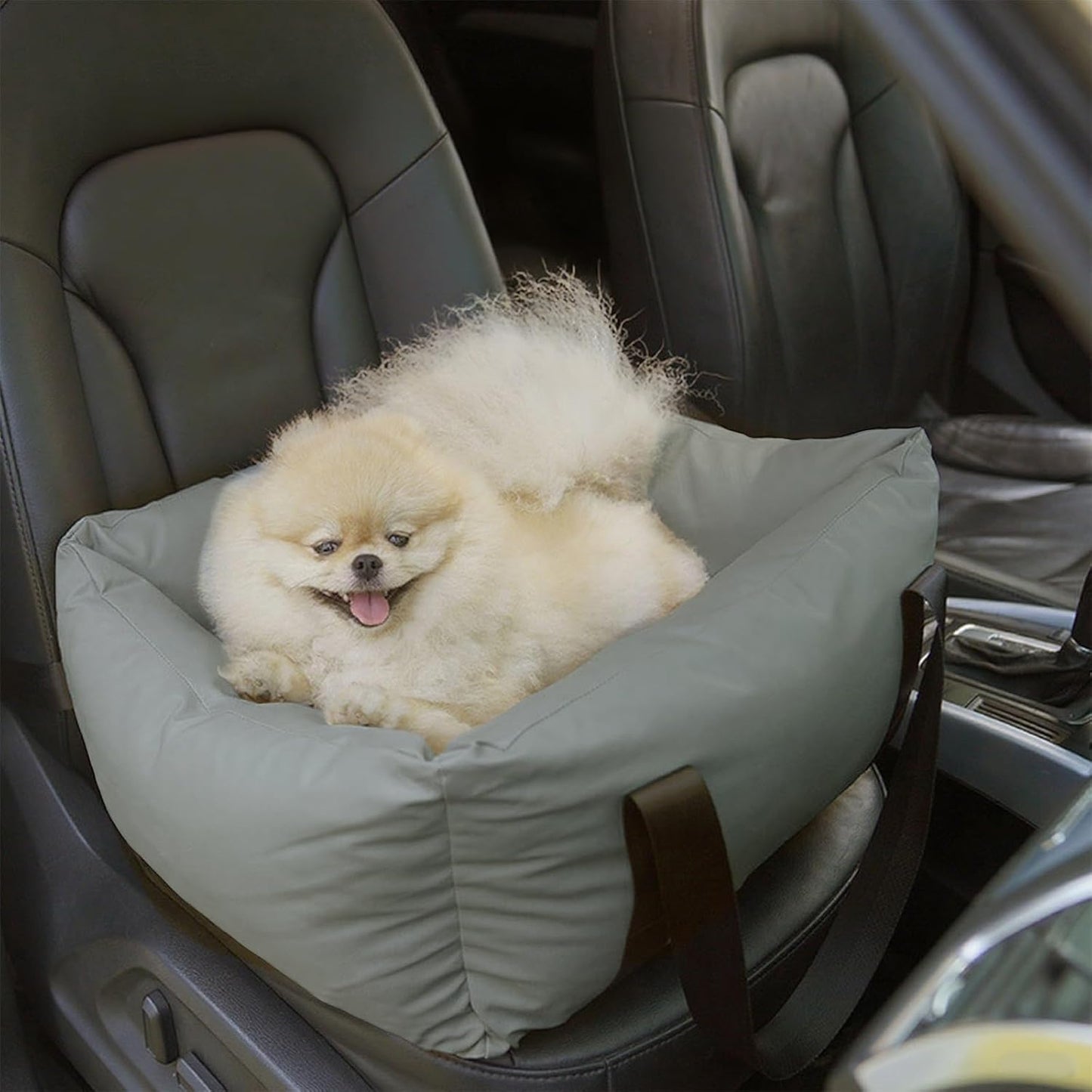 Dog Car Seat for Small Dogs, Large Leather Dog Car Bed with Storage Pocket, Waterproof PVC Leather Booster Seat Travel Bed for Front & Back Seat, Clip-On Safety Leash (Black/Grey)