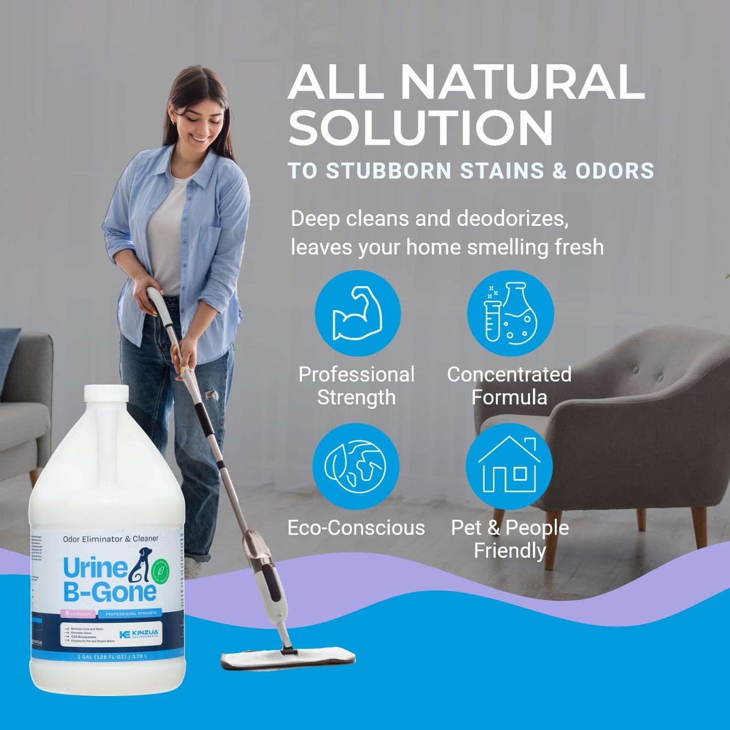 KINZUA ENVIRONMENTAL Urine B-Gone, Professional Enzyme Odor Eliminator & Pet Stain Remover, Human, Cat & Dog Urine Cleaner, Effective on Laundry, Carpets & More, Lavender Scent, 1 Gallon