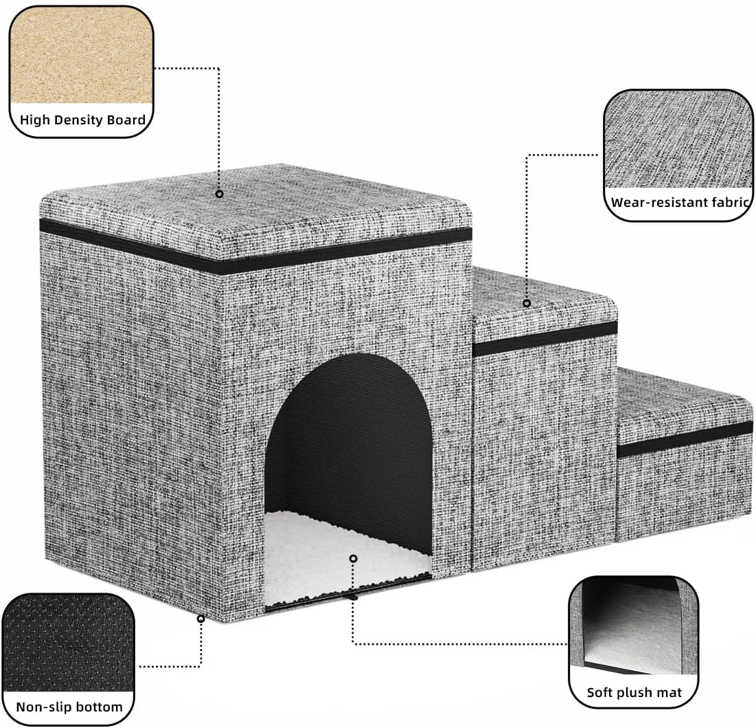 Dog Stairs with Storage, 3-Step Wider Dog Steps with Condo for Dogs and Cats, Pet Stairs for High Bed Climbing, Grey