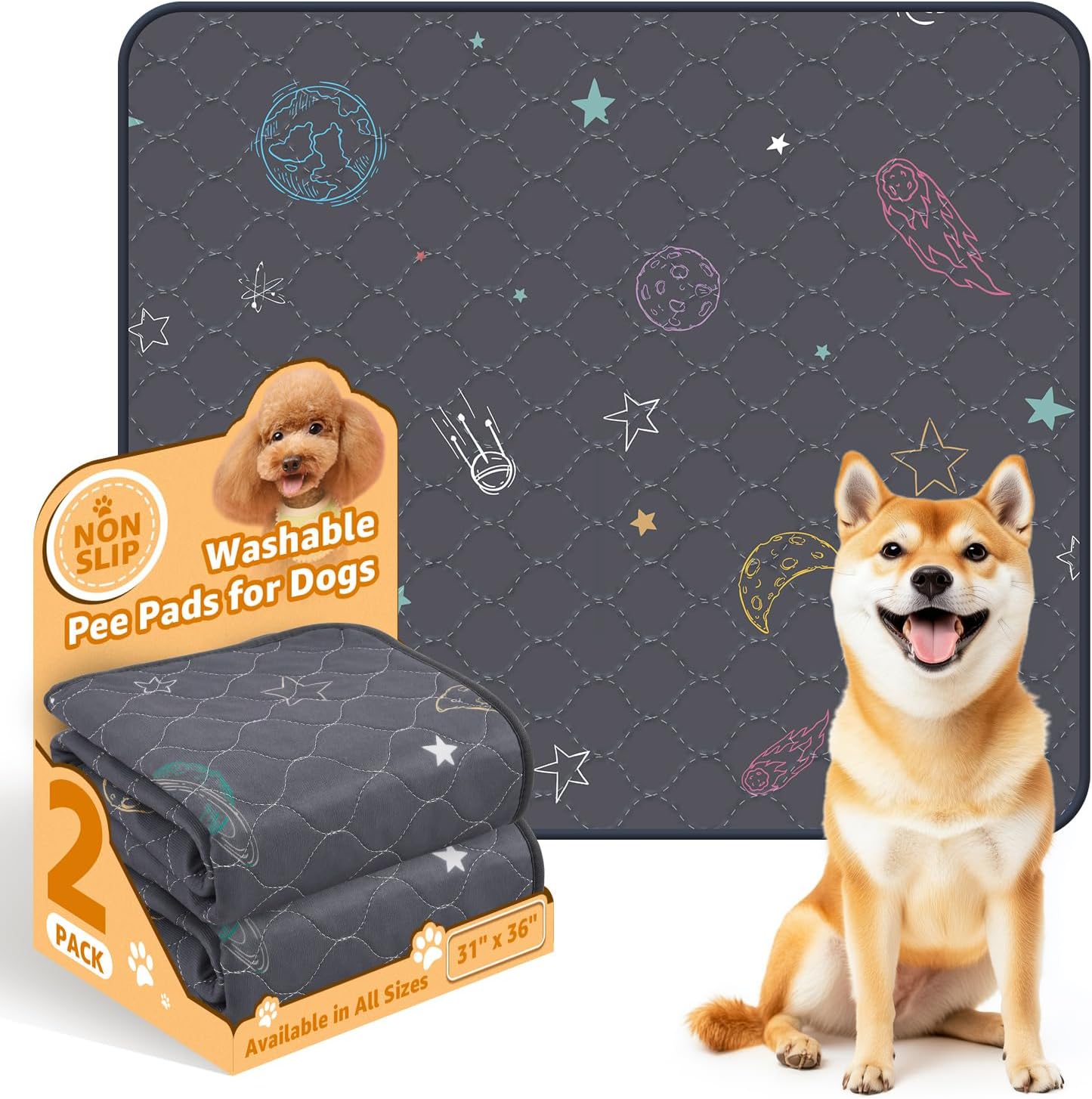 LOOBANI Pee Pads for Dogs Washable: Reusable Puppy Whelping Pads Waterproof 31" x 36", 2 Pack Absorbent and Non-Slip Dog Training Pee Pads for Crate, Playpen, Floor, Grey