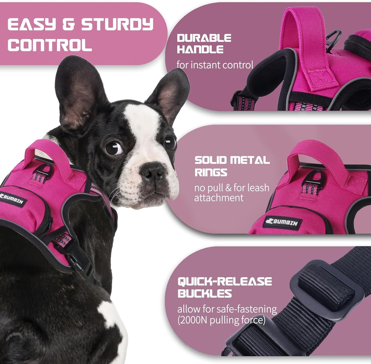 BUMBIN Dog Harness for Large Dogs, No Pull Adjustable No Choke Pet Vest with Dog Leash Fit Smart Reflective Pet Walking Harness for Training Easy Control Soft Handle Rose Red M