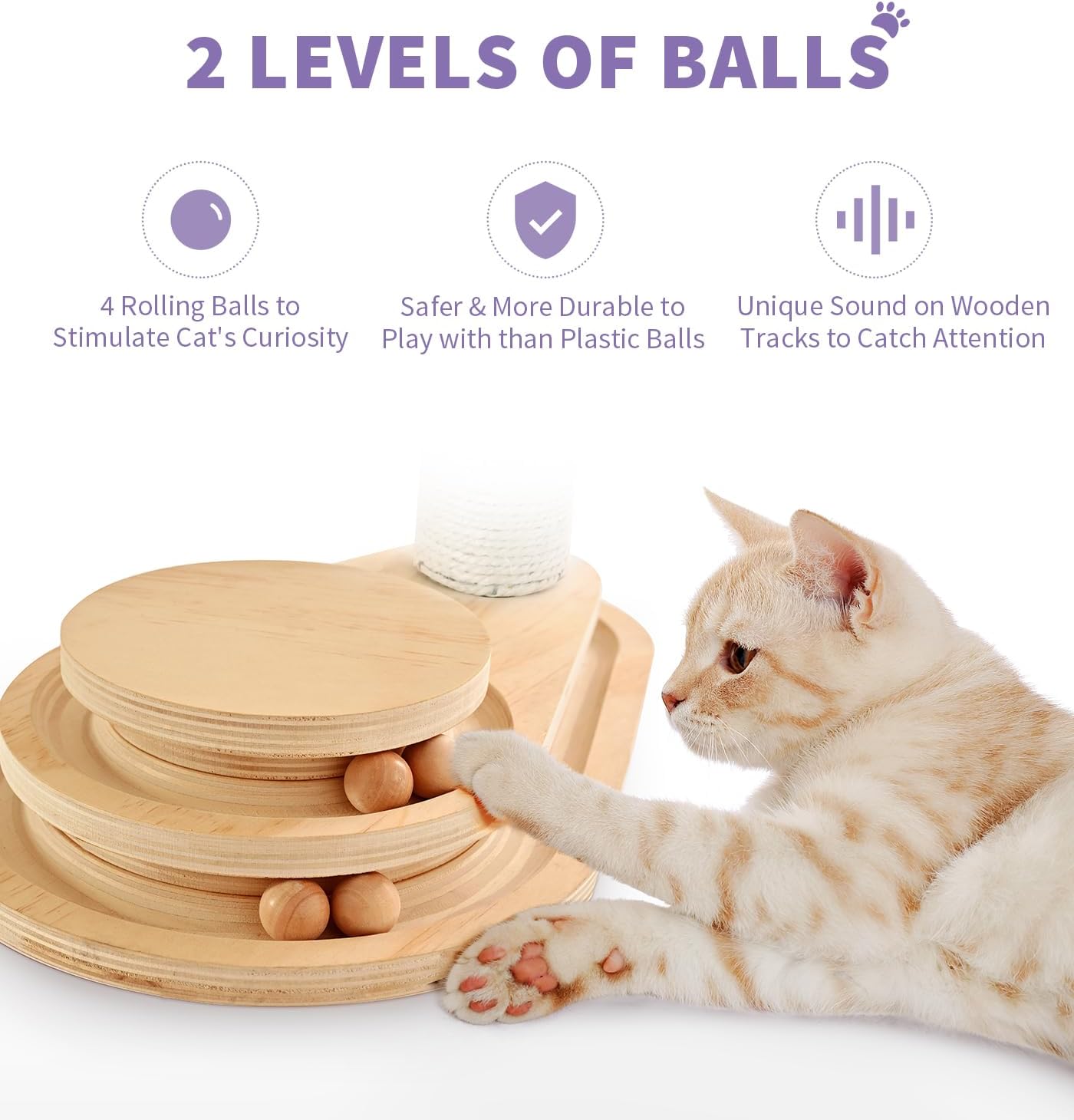 Made4Pets Cat Scratching Post Cat Scratcher Kitten Toys for Indoor Cats Wooden Ball Track Two-Layer Modern Sisal 17.7" Tall Scratch Post Interactive Toy with Dangling Ball