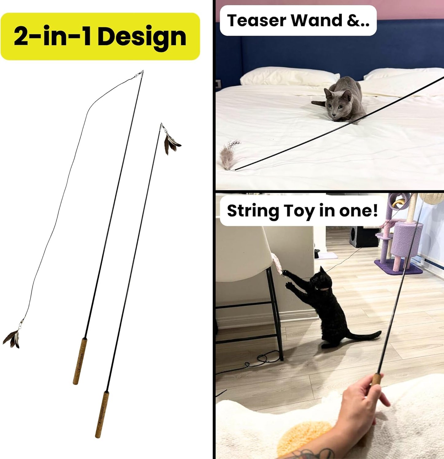 Forever Stick 2 Pack - The Unbreakable Cat Toy Wand, Extra Long Durable Interactive Cat Toy for Indoor Cats, Feather Kitten Toys for Bored Indoor Adult Cats, Bird Teaser Cat Accessories