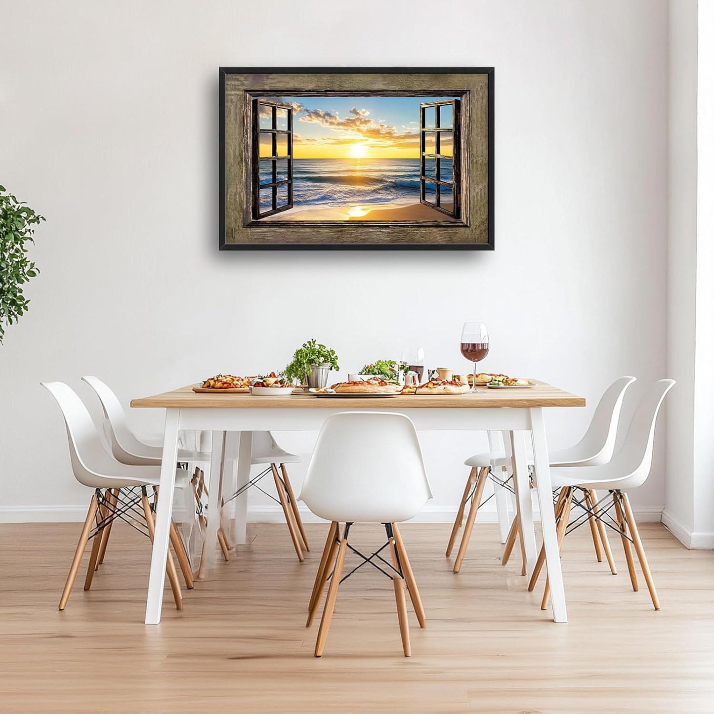 Beach Large Wall Art Sea Coastal Pictures Rustic Window Sunrise Wall Decor Canvas Print Painting Artwork for Bathroom Living Room Bedroom 36L" x 24W"