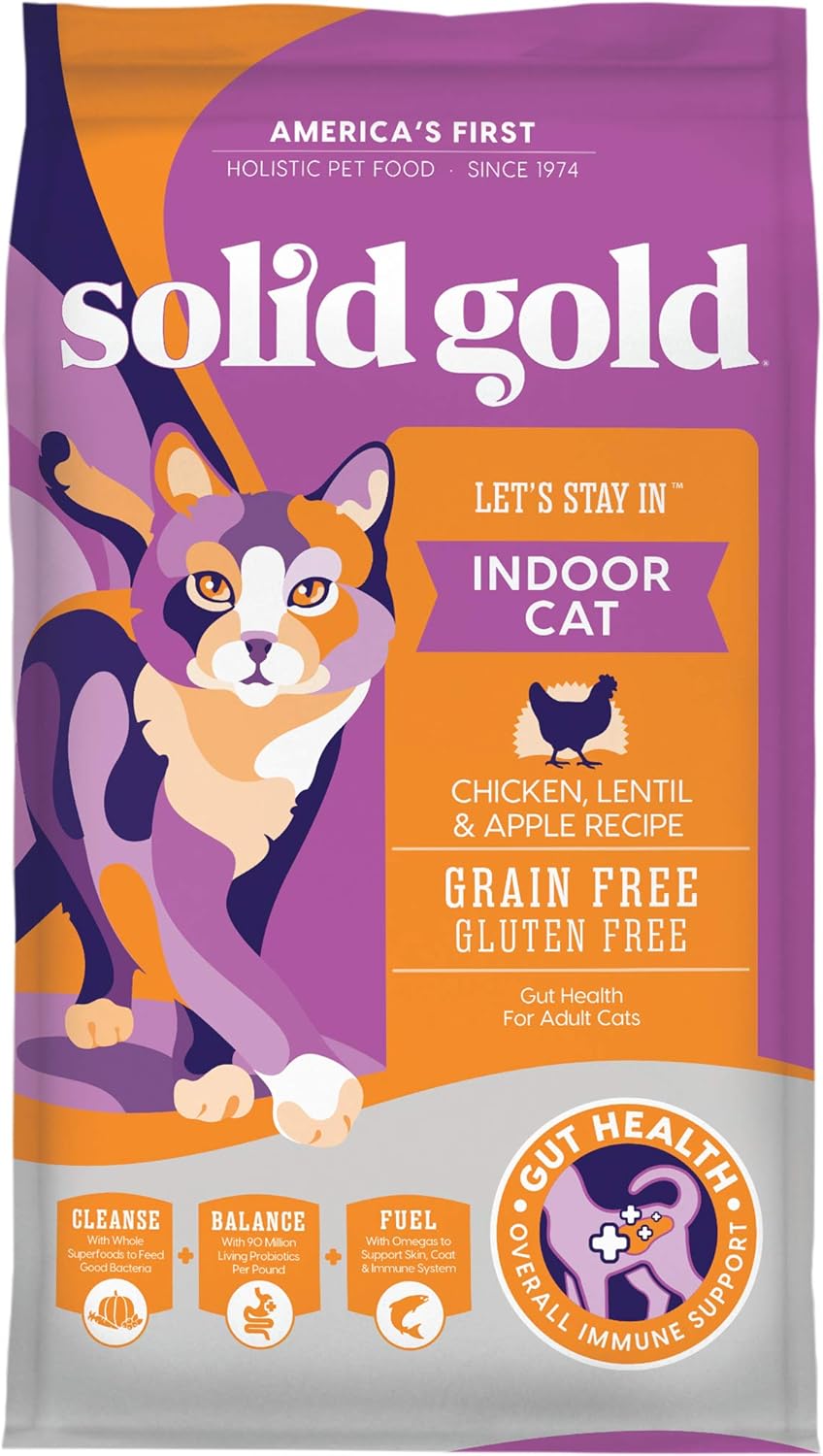 Solid Gold Indoor Dry Cat Food - Grain Free & Gluten Free - Chicken Cat Food Dry Kibble for Indoor Cats w/Probiotics & Fiber for Gut Health - Sensitive Stomach & Hairball Support for Adult Cats - 6LB