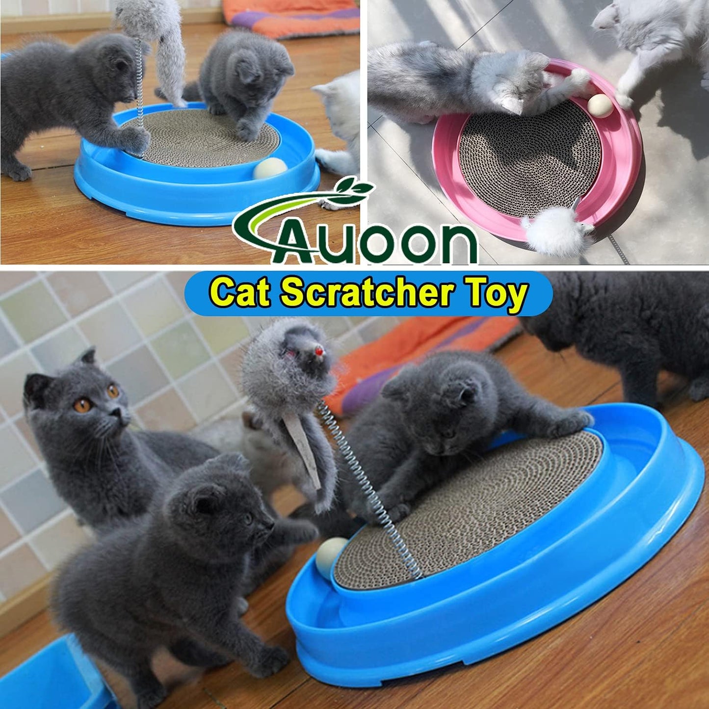 AUOON Cat Scratcher Toy - Cat Scratch Pad with Cat Toy Ball Track and Plush Mouse Toy for Indoor Cats and Kittens (Gray)