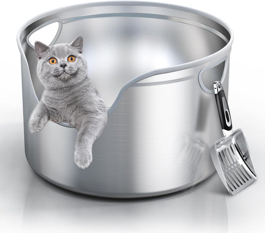 Stainless Steel Litter Box Metal with Integrated Round for XL/XXL Big and Multi Cats, 12" High Wall High Side, Odor Control, Easy to Clean, Durable, Includes Stainless Steel Scoop