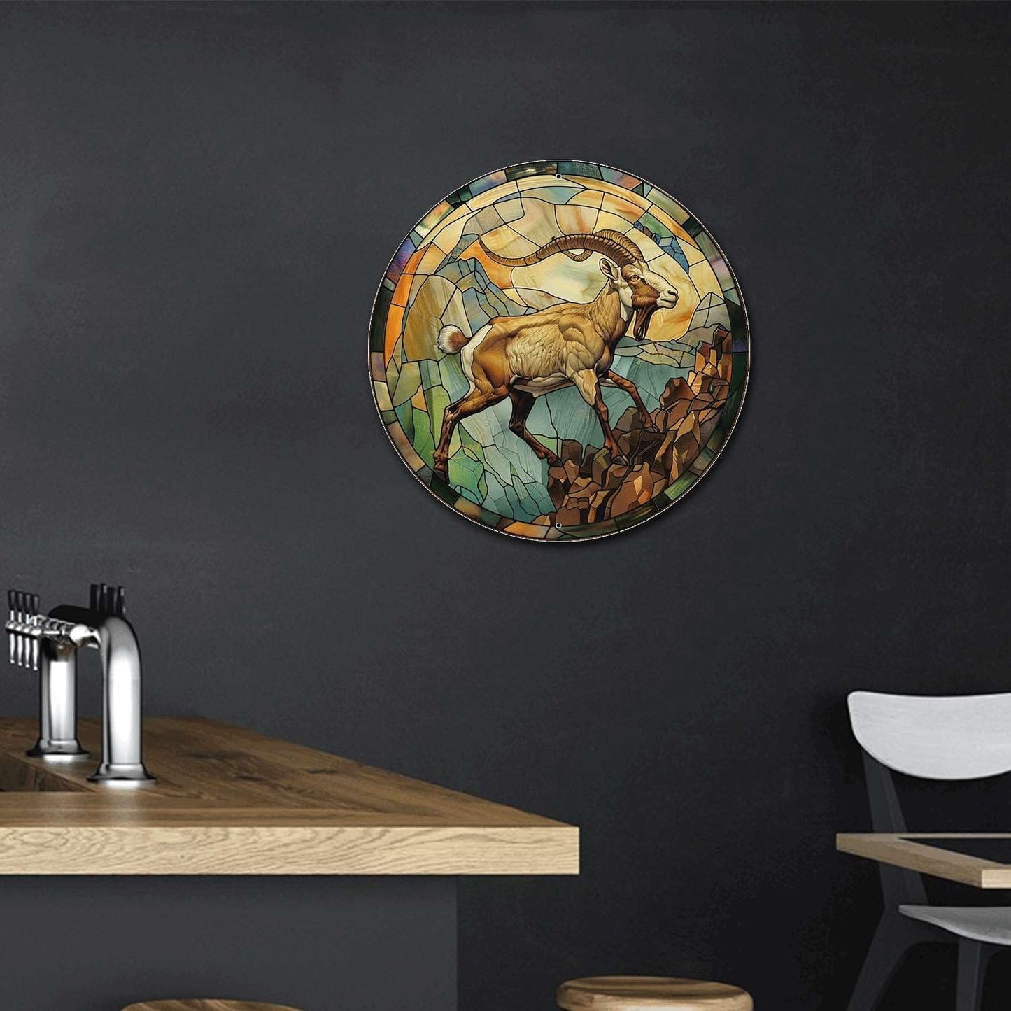 Lygond Metal Sign Tin Sign Circular Stained Glass Mountain Goat Garden Metal Sign For Bar 8×8 Inches