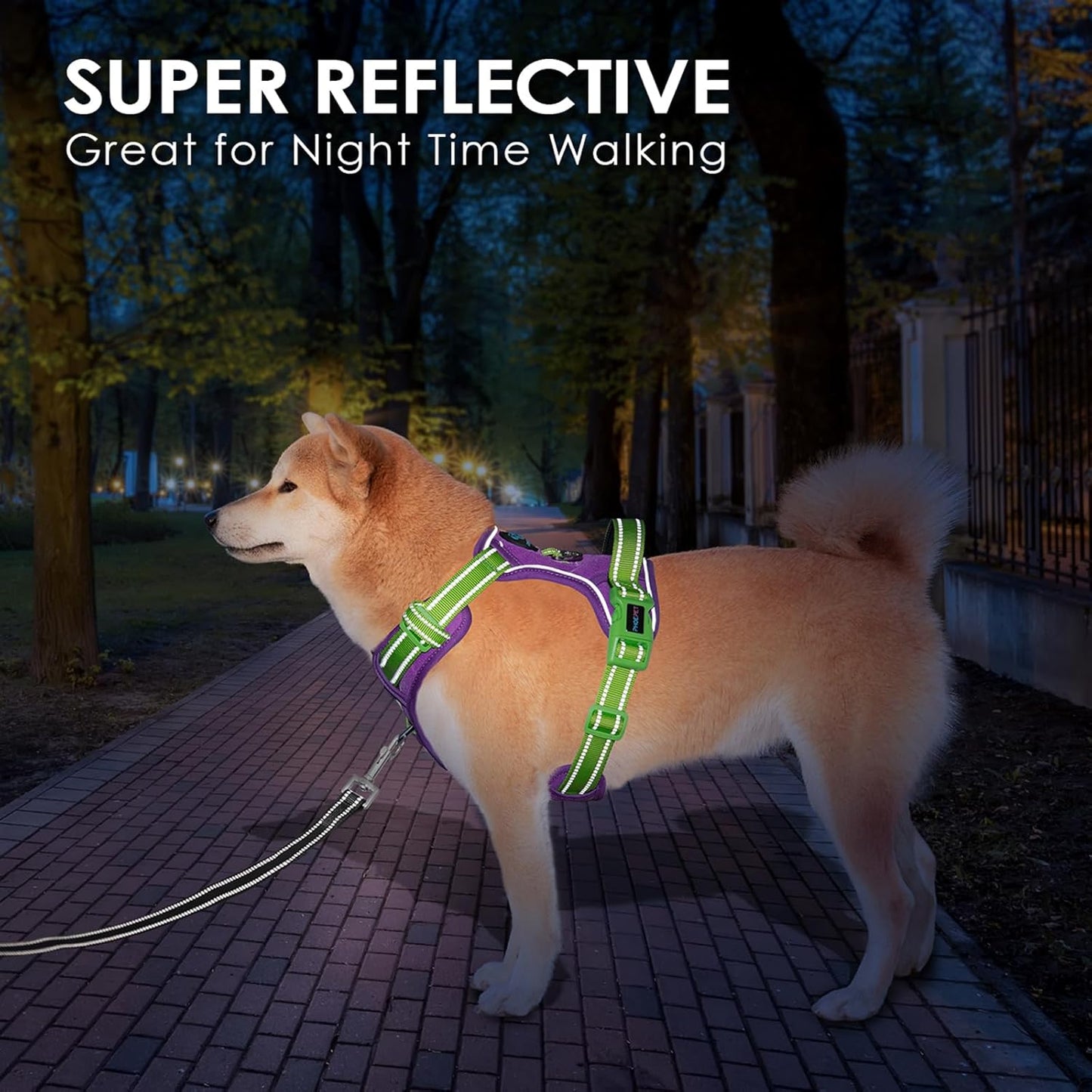 PHOEPET No Pull Dog Harness, Unique Colors Reflective Adjustable Dog Vest, with Soft Training Handle Metal Clips for Small Medium Large Dogs (Purple Base & Green Straps,L)