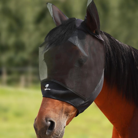 Horse Fly Mask Large Space Breathable UV Protection Equine Mask with Reflective Features on Ears Mars Black L