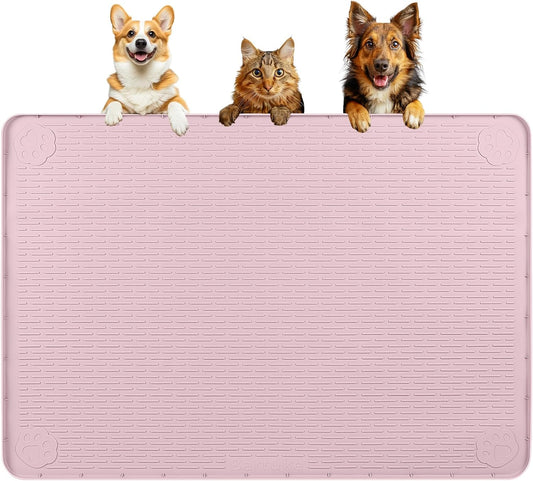 Dog Food Mat, Extra Large 40" x 28" Silicone Pet Feeding Mat with Raised Edge Pet Placemat for Small, Medium, and Large Pets Non-Slip, Easy to Clean (Pink)