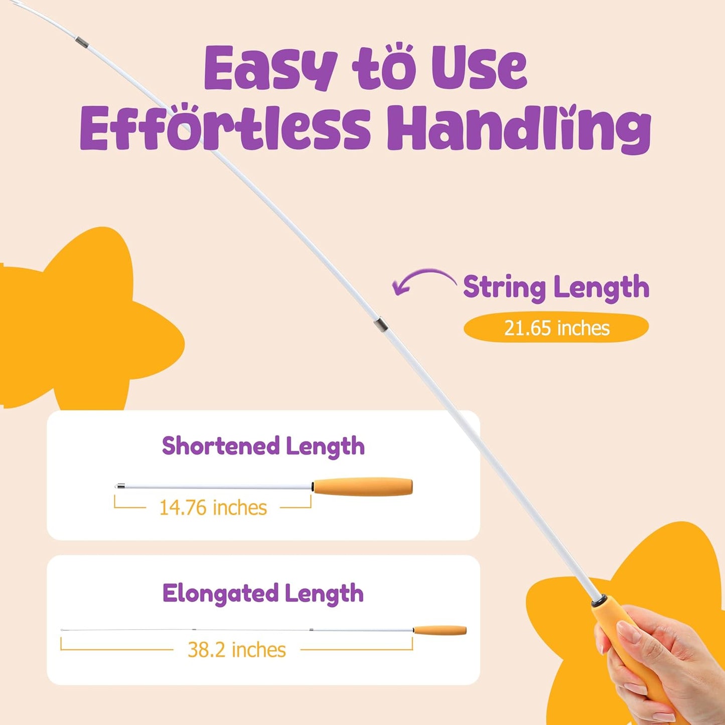 Cat Feather Wand Toy - 38" Retractable Cat Wand Toy with Orange Feather Flower Teaser Refill for Indoor Cats and Interactive Play