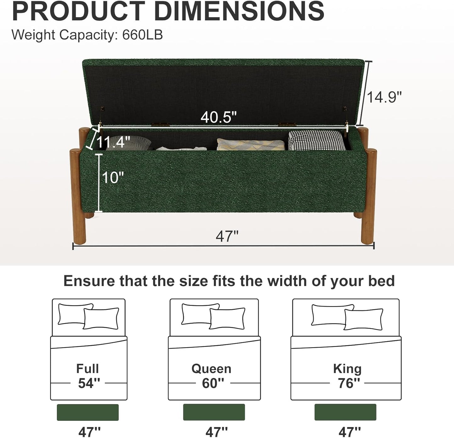 Storage Ottoman Bench, End of Bed Bench for Bedroom, 47" Boucle Upholstered Entryway Shoe Seat Benches, Holds up to 660 lb Storage Ottoman, Padded Blanket Chest Stool Foot Rest for Living Room Green