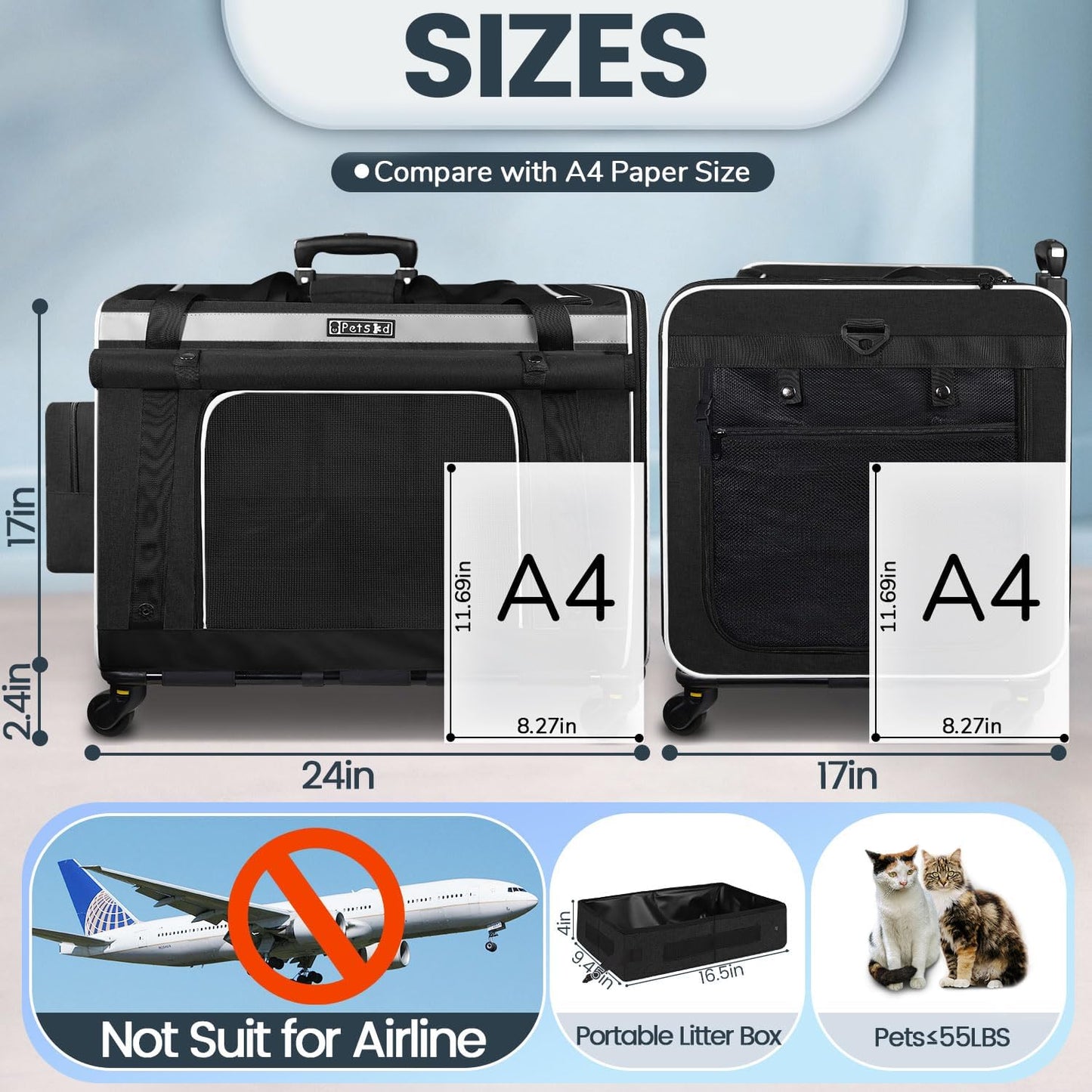 Petskd Extra Large Cat Carrier with Wheels and Litter Box, 24"x17"x17" Rolling Soft Carrier Until 55LBS Pets with 5 Breathable Mesh Windows and Locking Zippers for Long Distance Car Travel(Black)