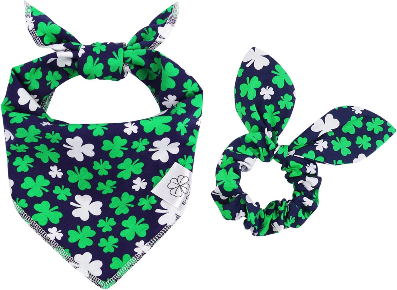 E-Clover Spring Dog Bandana & Matching Scrunchie Set Shamrock Lucky Dog Bandanas Scarf with Bow Hair Ties for Medium Large Dogs & Pet Owner Mom