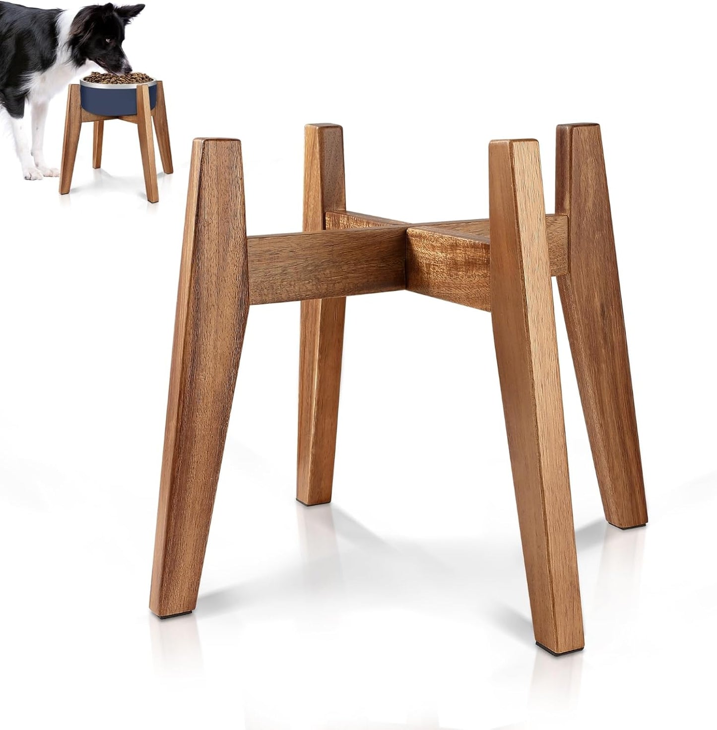 Solid Acacia Hardwood Elevated Dog Bowl Stand, Raised Feeder for Medium & Large Dogs, Fits up to 9″ Bowls, Improves Posture and Reduces Neck Strain, Stand Only