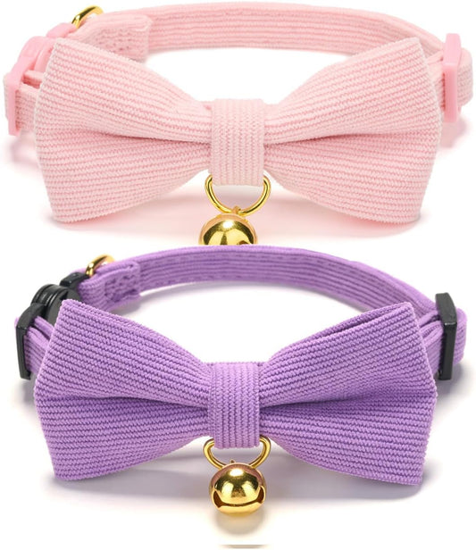 2 Pack Soft Corduroy Cat Collars with Bow Tie & Bell, Adjustable Breakaway Cotton Kitty Bowtie Collar for Girl Female Kitten (Pink & Purple)