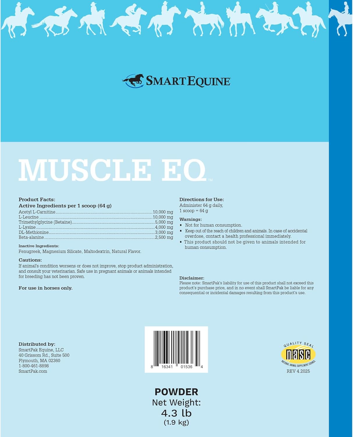 Uckele by SmartEquine Muscle EQ™ Powder | Muscle Supplement with L-Carnitine for Horses | Amino Acid Beta-Alanine for Optimal Muscle Function & Supports Recovery | 4.3 lb Bag