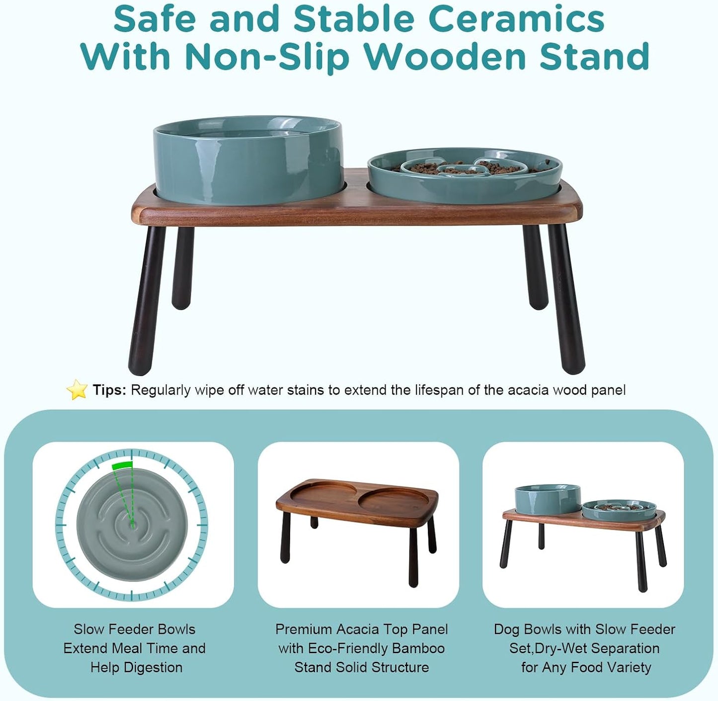 SPUNKYJUNKY Ceramic Elevated Dog Bowls with Slow Feeder Raised Acacia Bamboo Wooden Stand, 8.3'' Dog Food Water Bowls Set Non-Slip for Medium Large Sized Breed Microwave Dishwasher Safe - Dark Green