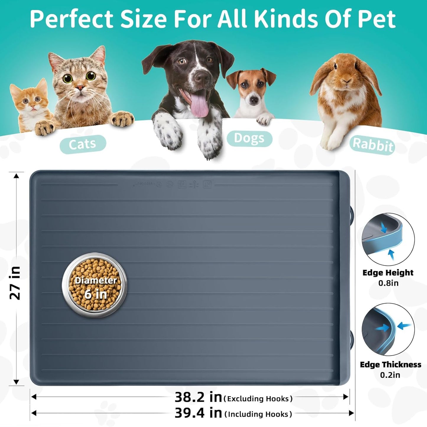 Dog Mat for Food and Water - 39.4" x 27" Large Pet Feeding Mats with Residue Collection Pocket - Waterproof Dog Cat Bowl Mat with High Edges to Prevent Water and Food Spills (Dark Grey)