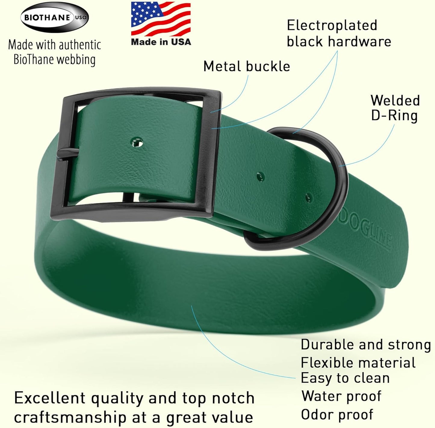 Dogline Biothane Waterproof Dog Collar Strong Coated Nylon Webbing with Black Hardware Odor- Proof for Easy Care Easy to Clean High Performance Fits Small Medium or Large Dogs, Hunter Green