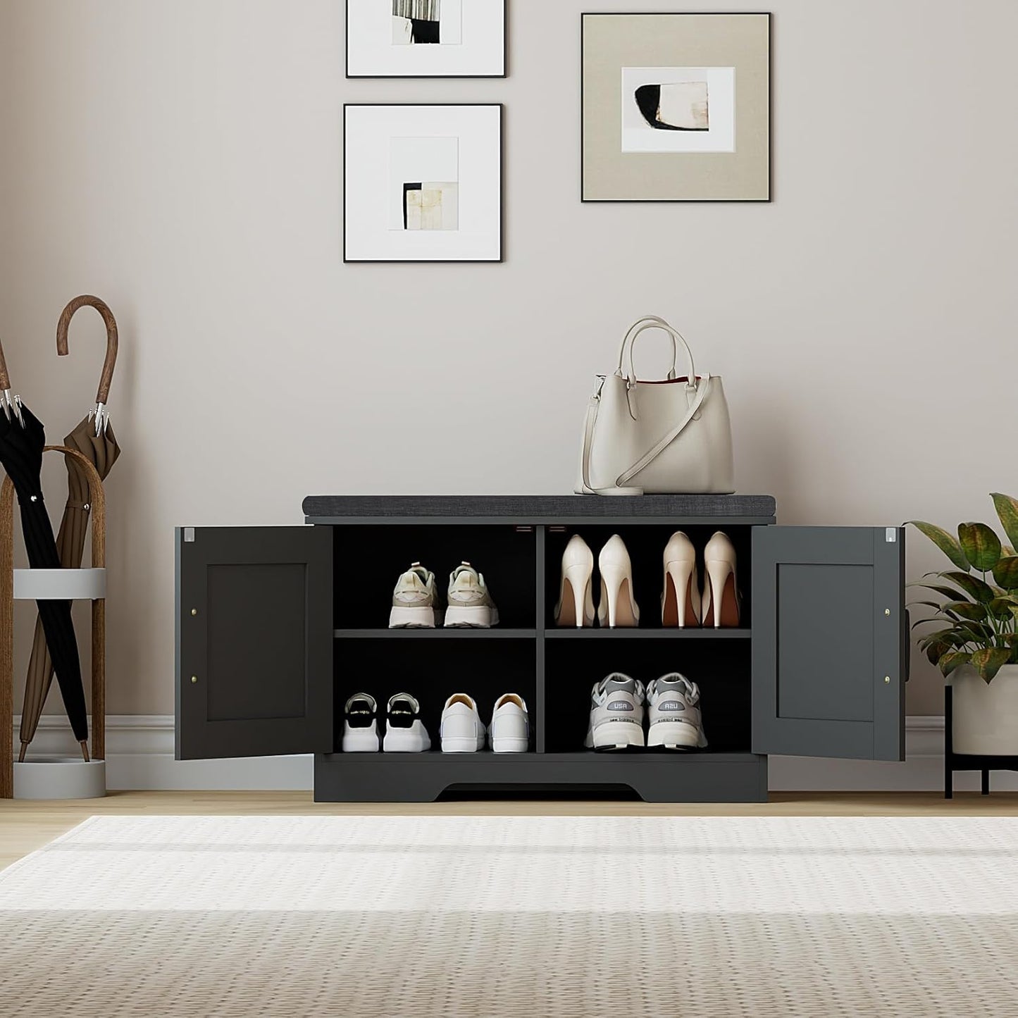 2-Tier Storage Bench, Shoe Bench with Padded Seat Cushion, Entryway Bench with 2 Barn Doors, Adjustable Shelf, 13.8" D x 27.6" W x 17.7" H, for Entryway, Living Room, Bedroom, Black