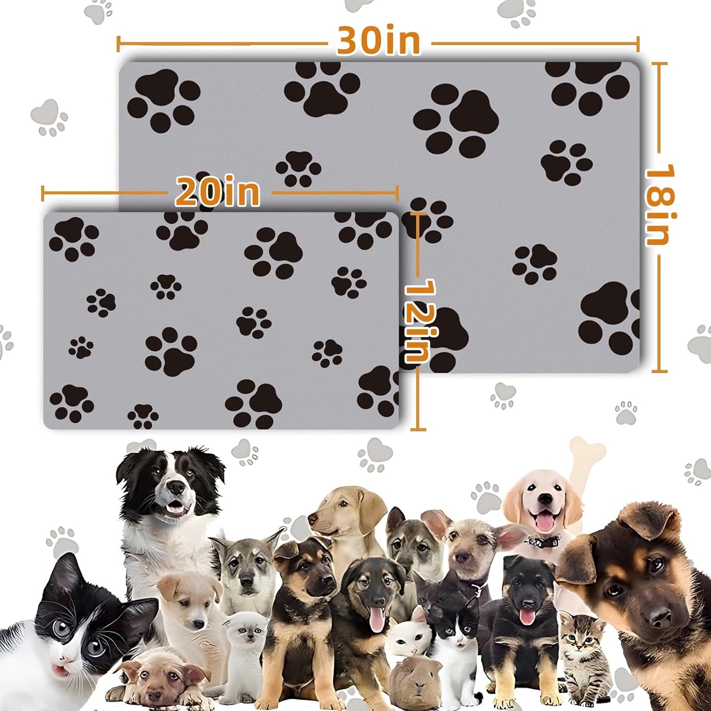 18×30in Pet Feeding Mat Dog Cat Food Mat for Floors Waterproof Food and Water Bowl Mats for Indoor Absorbent Non-Slip Dog Food Mat Quick Dry Pet Food Mats Light Gray