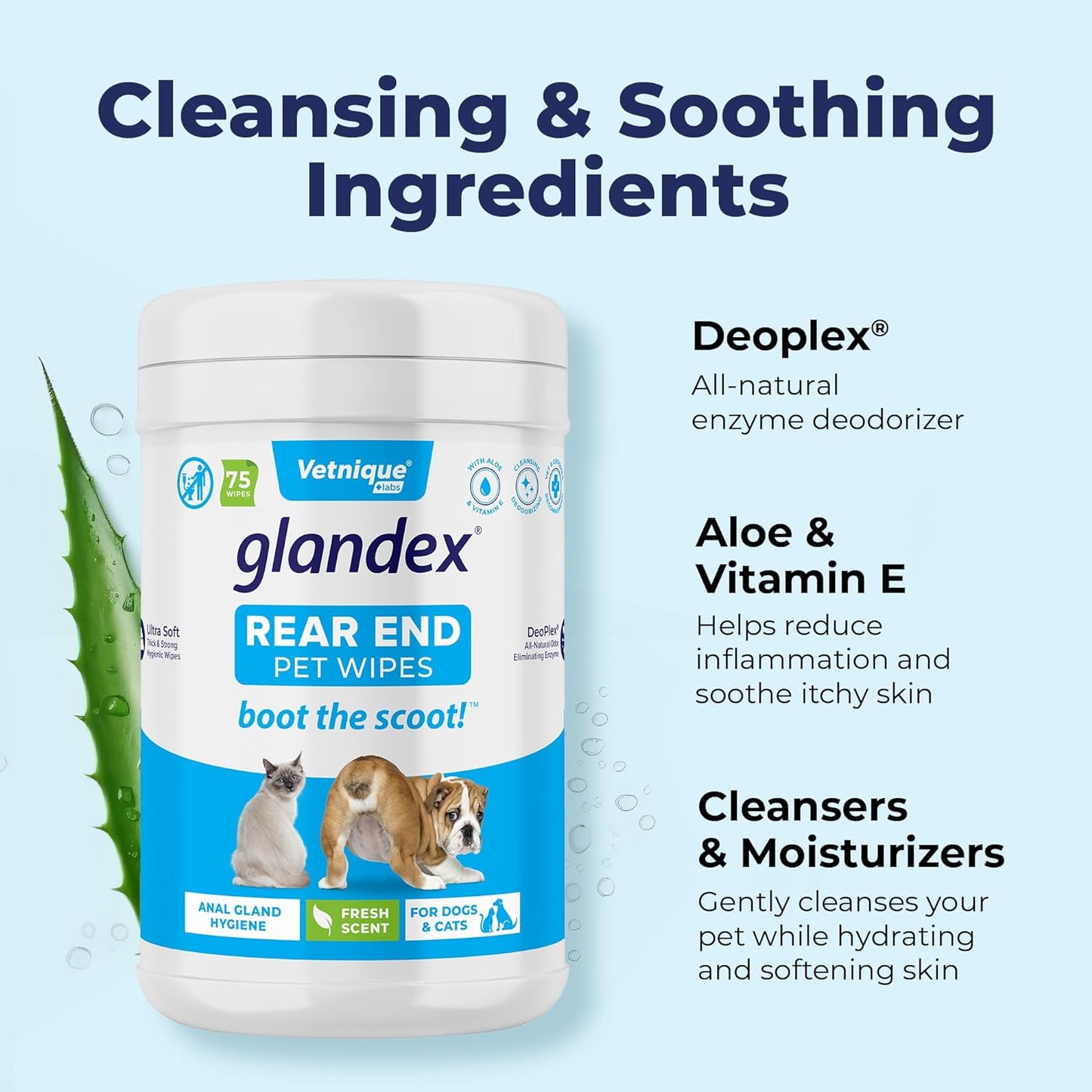 Vetnique Labs Glandex Dog Wipes for Pets Cleansing & Deodorizing Anal Gland Hygienic Dog & Cat Wipes with Vitamin E, Skin Conditioners and Aloe (75ct)
