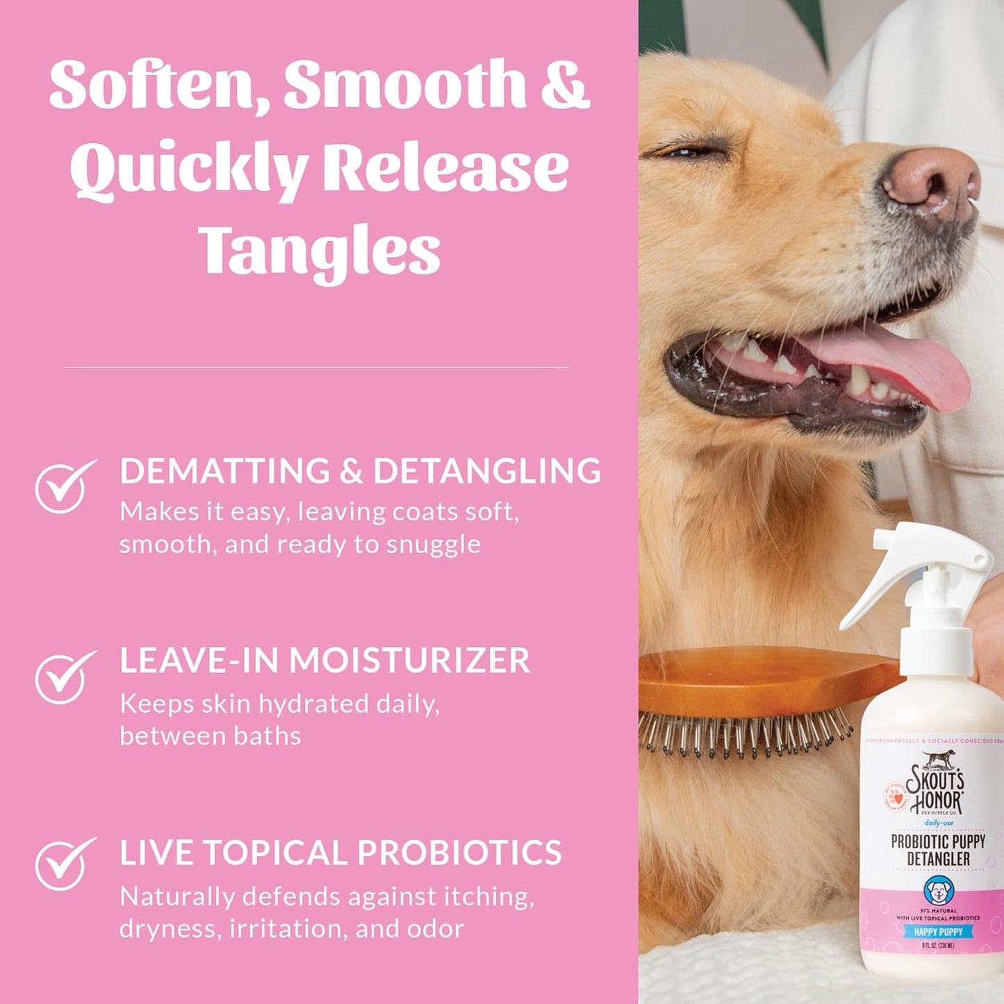 Skout's Honor Pet Detangler Spray - Hydrating & Conditioning with Avocado Oil & Probiotics, 97% Natural, Paraben & Sulfate-Free, softens for a More brushable Coat, Daily Use, 8oz, Happy Puppy