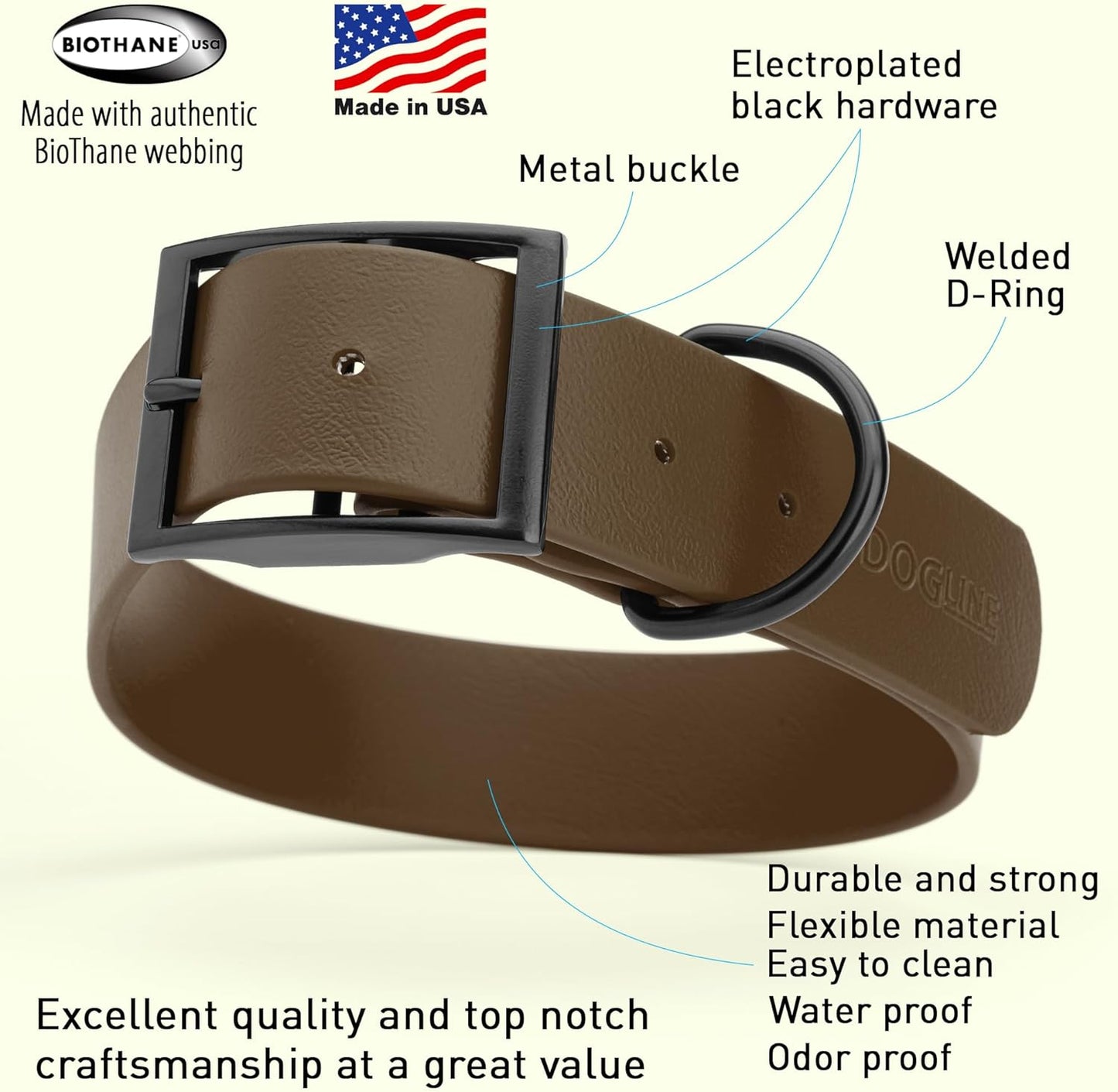 Dogline Biothane Waterproof Dog Collar Strong Coated Nylon Webbing with Black Hardware Odor- Proof for Easy Care Easy to Clean High Performance Fits Small Medium or Large Dogs, Dark Chocolate Brown