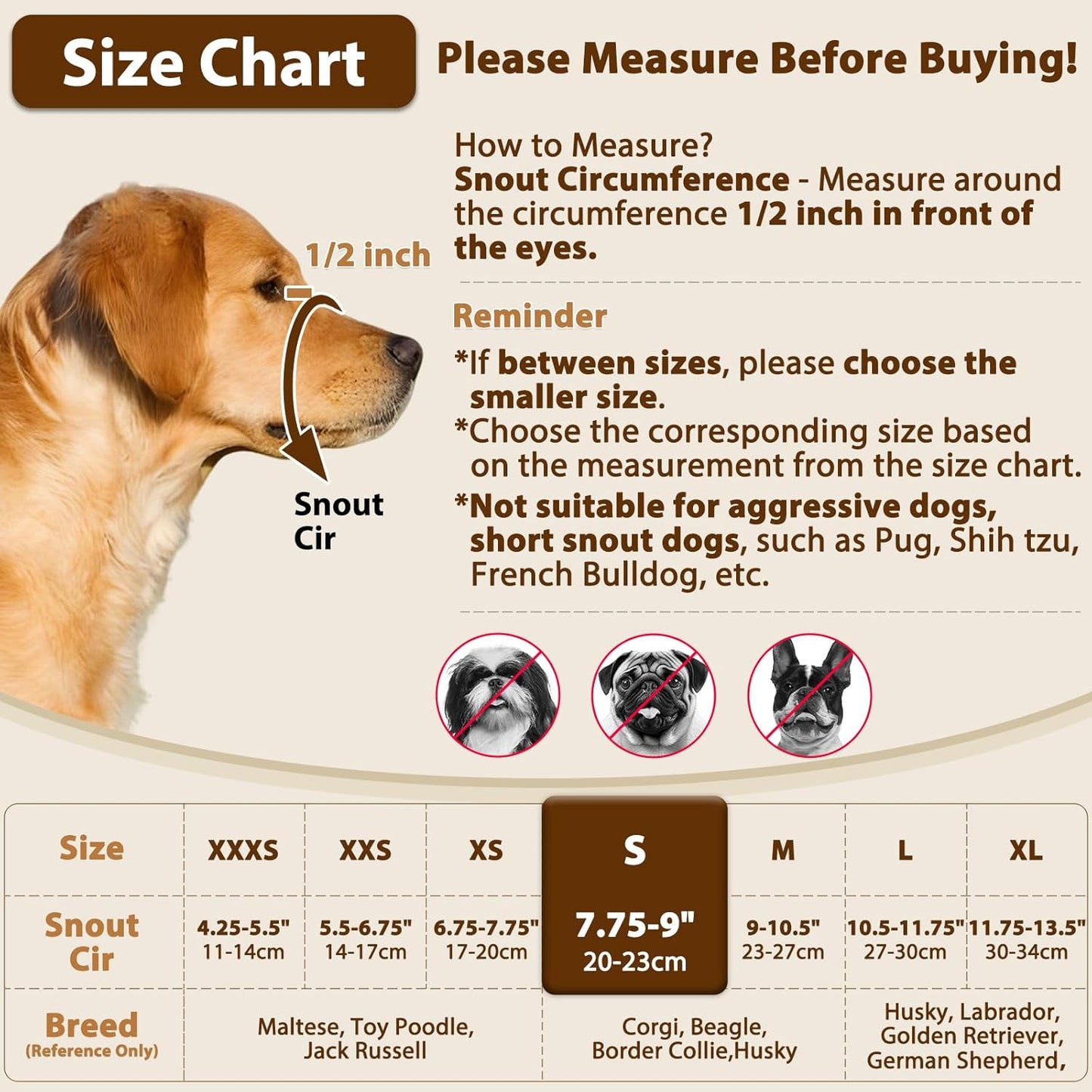 Crazy Felix Nylon Dog Muzzle for Small Medium Large Dogs, Air Mesh Breathable and Drinkable Pet Muzzle for Anti-Biting Anti-Barking Licking (S, Beige)