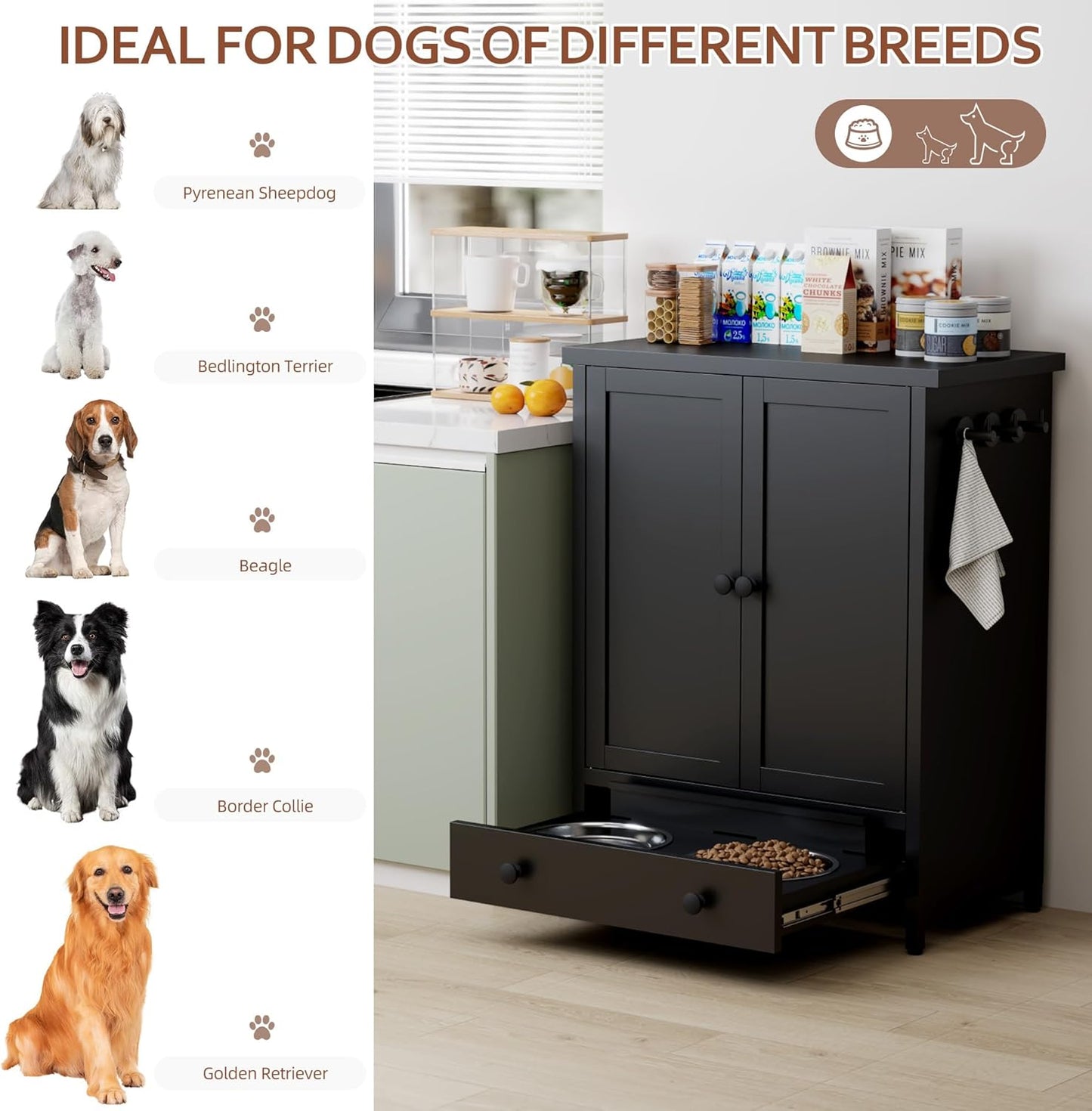 Dog Feeding Station with Storage, Metal Dog Food Storage Cabinet with 2 Elevated Bowls and 3 Hooks, Pet Feeding Station and Food Storage Organizer, Black