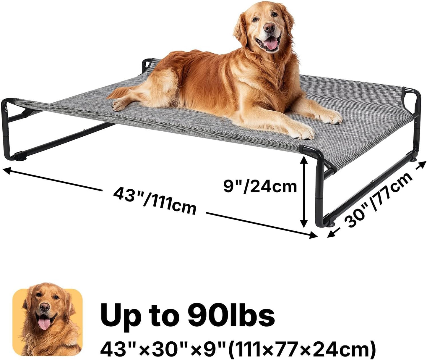 Veehoo Original Outdoor Elevated Dog Bed, Cooling Raised Dog Cot for Large Dogs, Portable Standing Pet Hammock Platform with Washable Breathable Mesh, No-Slip Feet, Large, Black Silver, CWC2201