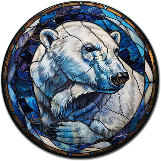 Lygond Metal Sign Tin Sign Circular Stained Glass Polar Bear Minimalist Wall Art for Gift 12×12 Inches