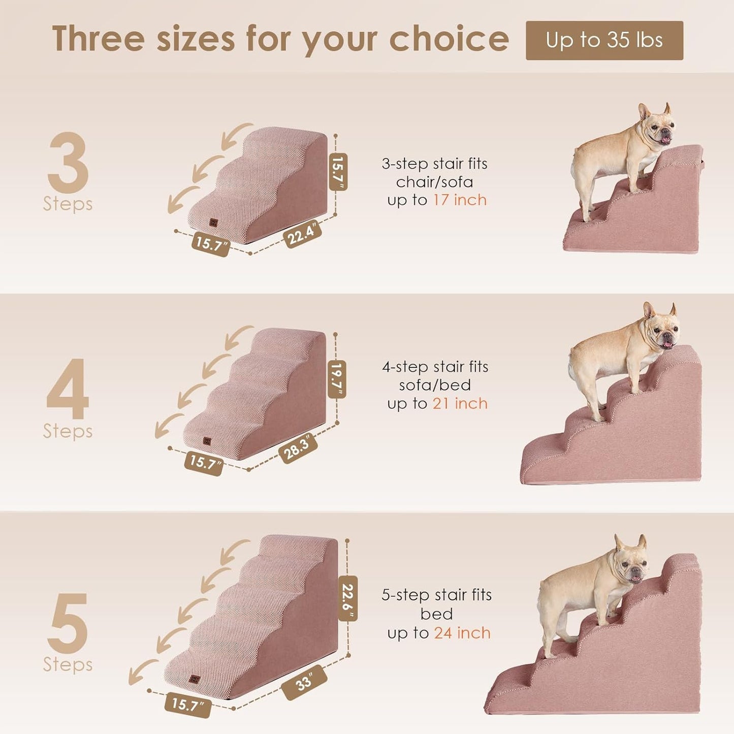 EHEYCIGA Curved Dog Stairs Ramp for High Beds 22.6" H, 5-Step Dog Steps for Small Dogs and Cats, Pet Stairs for High Bed Climbing, Non-Slip Balanced Pet Step Indoor, Dusty Pink