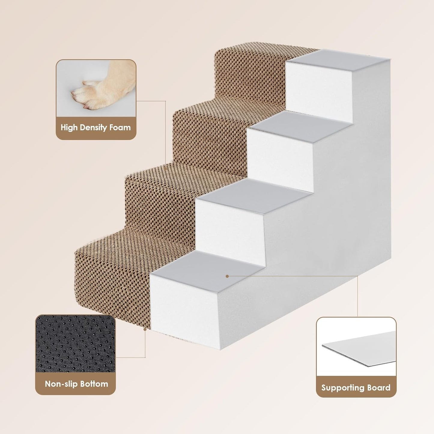 EHEYCIGA Dog Stairs for Bed 18" H, 4-Step Dog Steps for High Bed, Pet Steps for Small Dogs and Cats, Non-Slip Balanced Pet Ramp Indoor, Camel