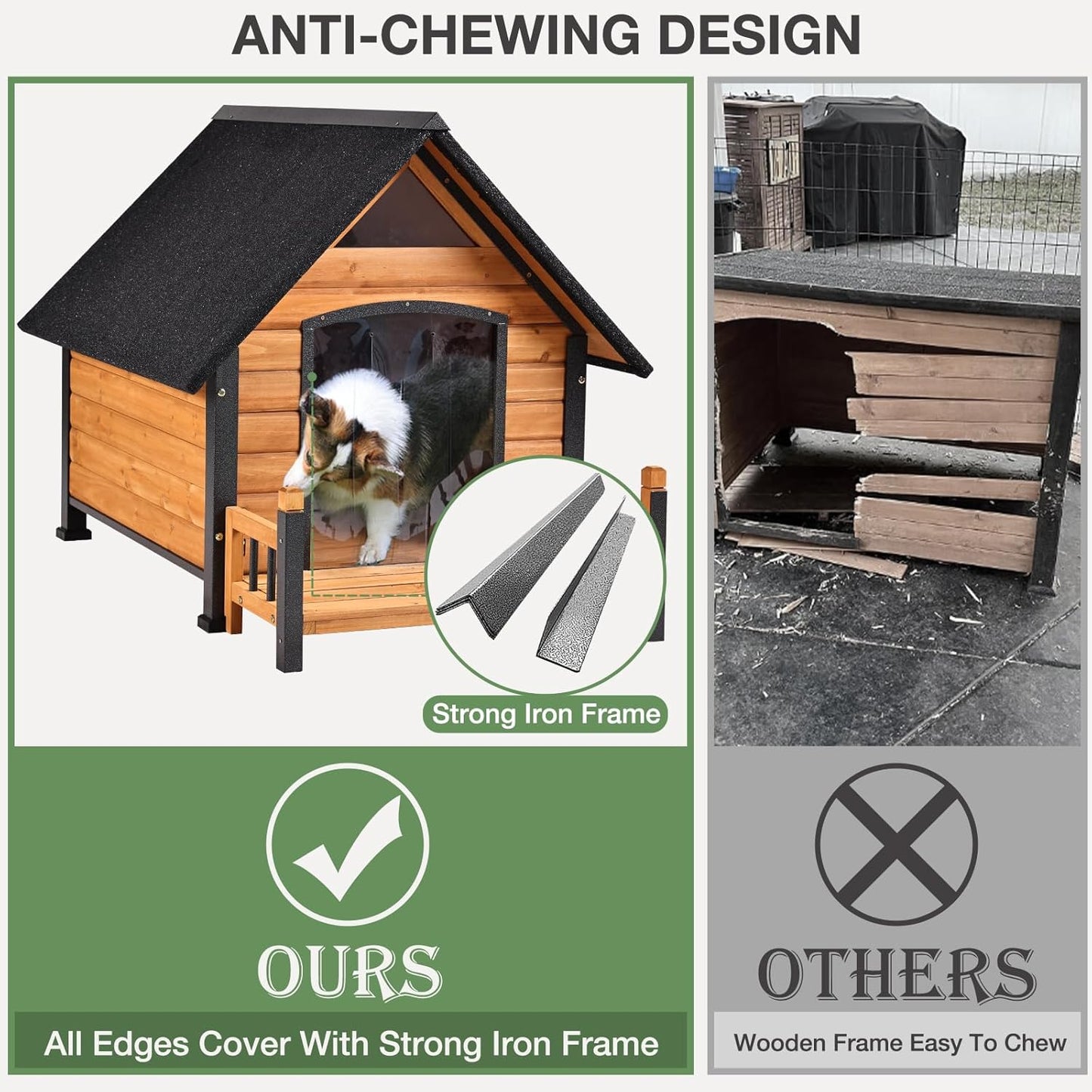 Large Dog House Outdoor Indoor All-Around Iron Frame Design Dog House with Porch＆Raised Feet for Small Medium Large Dogs（Brown）